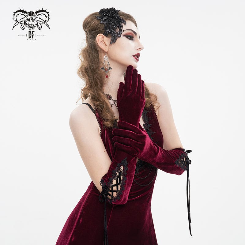 DEVIL FASHION Women's Gothic Lace-up Lace Hem Velvet Gloves Red
