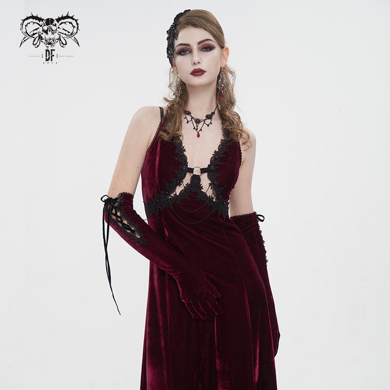 DEVIL FASHION Women's Gothic Lace-up Lace Hem Velvet Gloves Red