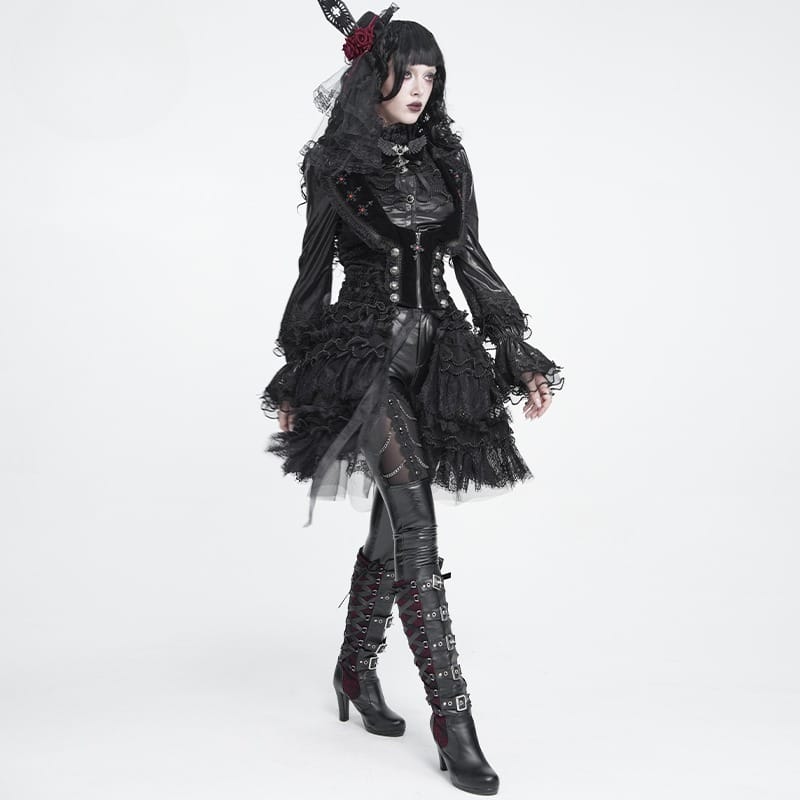 DEVIL FASHION Women's Gothic Lace-up Lapel Jacquard Sleeveless Tailcoat