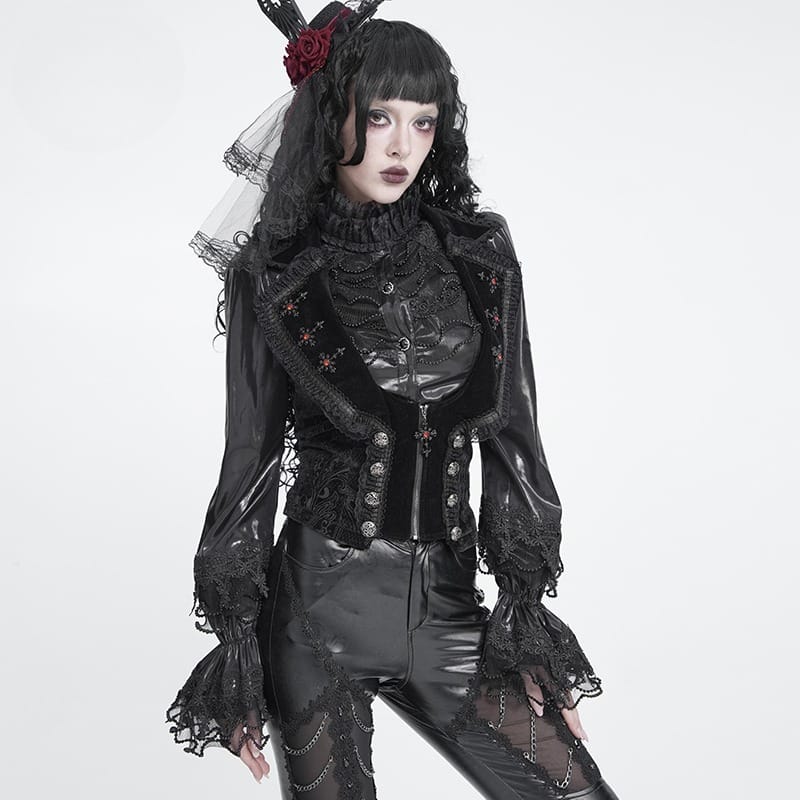 DEVIL FASHION Women's Gothic Lace-up Lapel Jacquard Sleeveless Tailcoat