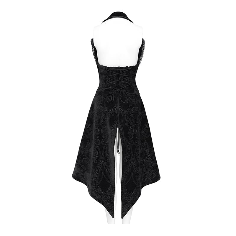 DEVIL FASHION Women's Gothic Lace-up Lapel Jacquard Sleeveless Tailcoat