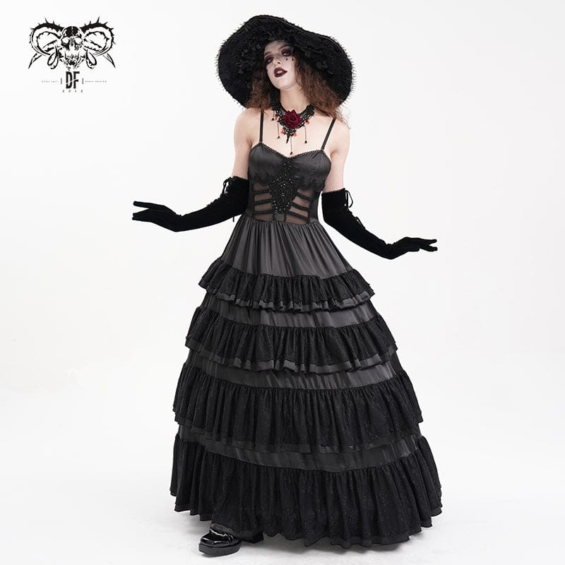 DEVIL FASHION Women's Gothic Lace-up Mesh Lace Slip Dress