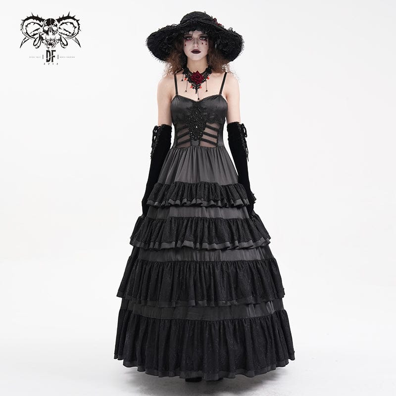 DEVIL FASHION Women's Gothic Lace-up Mesh Lace Slip Dress