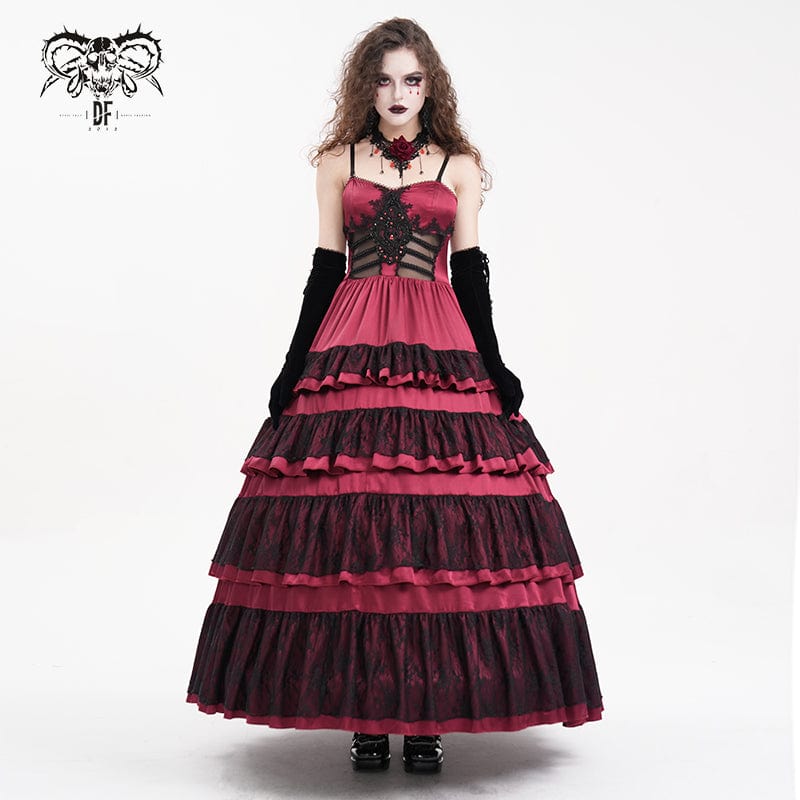 DEVIL FASHION Women's Gothic Lace-up Mesh Lace Slip Dress Red