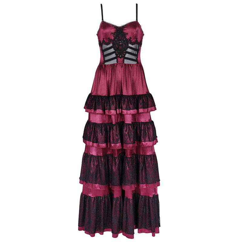 DEVIL FASHION Women's Gothic Lace-up Mesh Lace Slip Dress Red