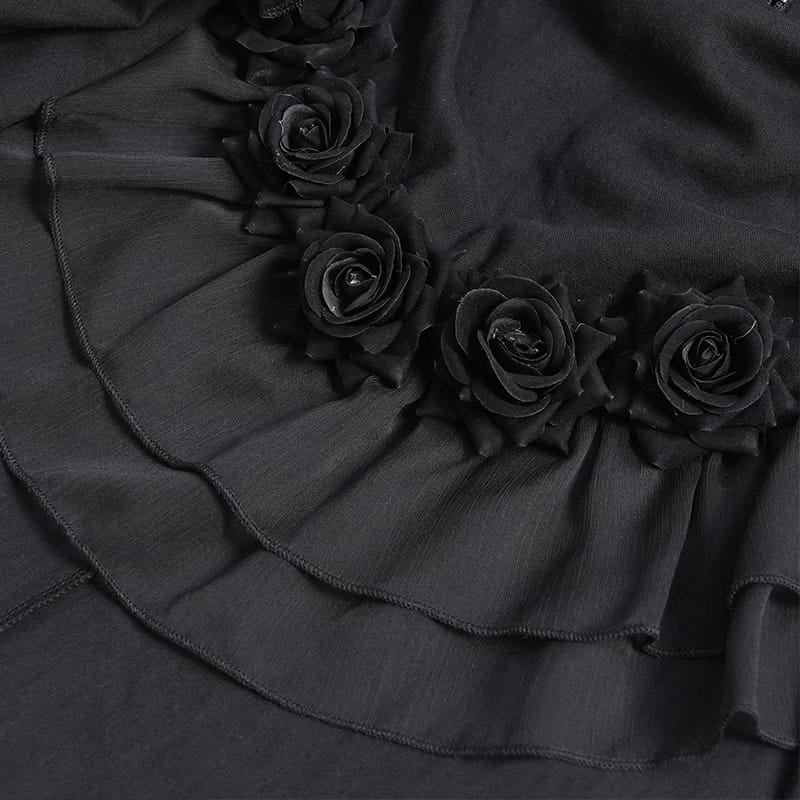 DEVIL FASHION Women's Gothic Lace-up Rose Ruffle High Low Hem Skirt