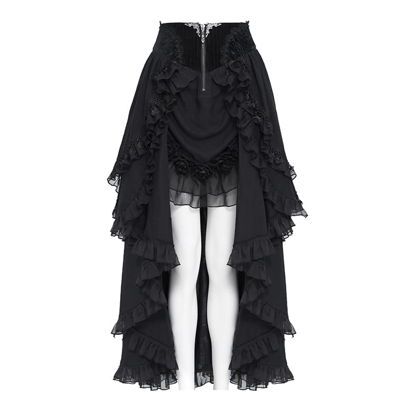 DEVIL FASHION Women's Gothic Lace-up Rose Ruffle High Low Hem Skirt