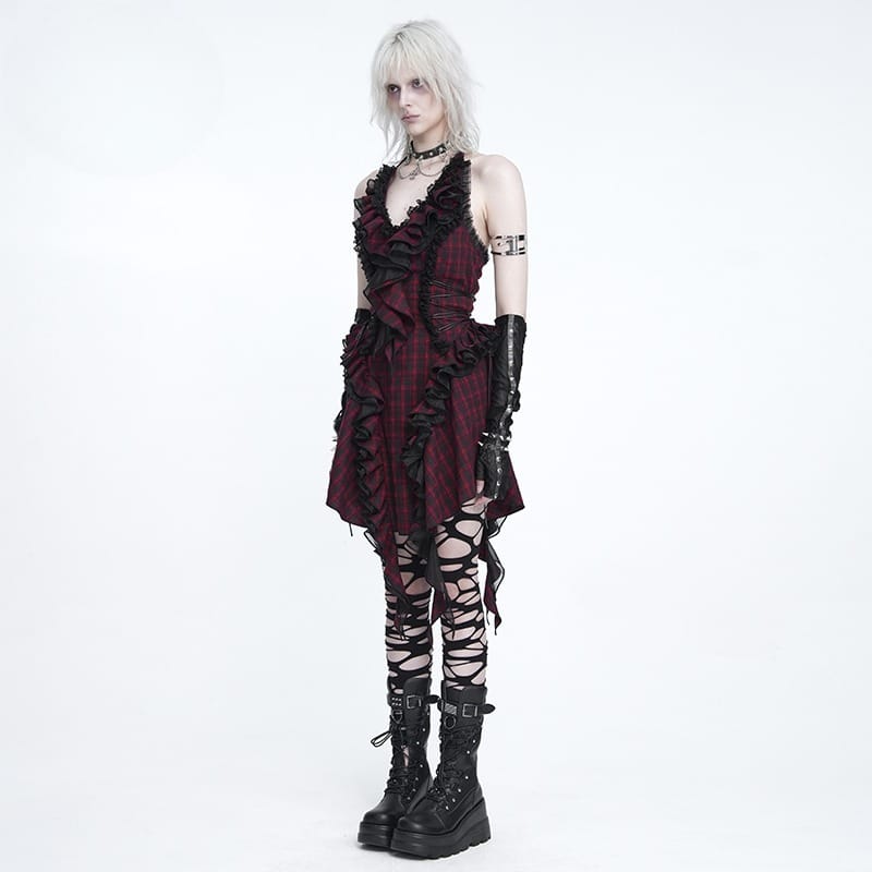 DEVIL FASHION Women's Gothic Lace-up Ruffle Halter Plaid Dress