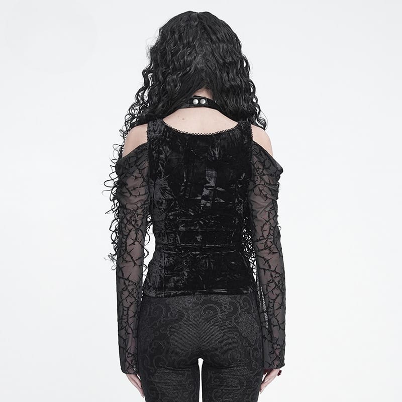 DEVIL FASHION Women's Gothic Lace-up Thorny Vine Off Shoulder Mesh Top