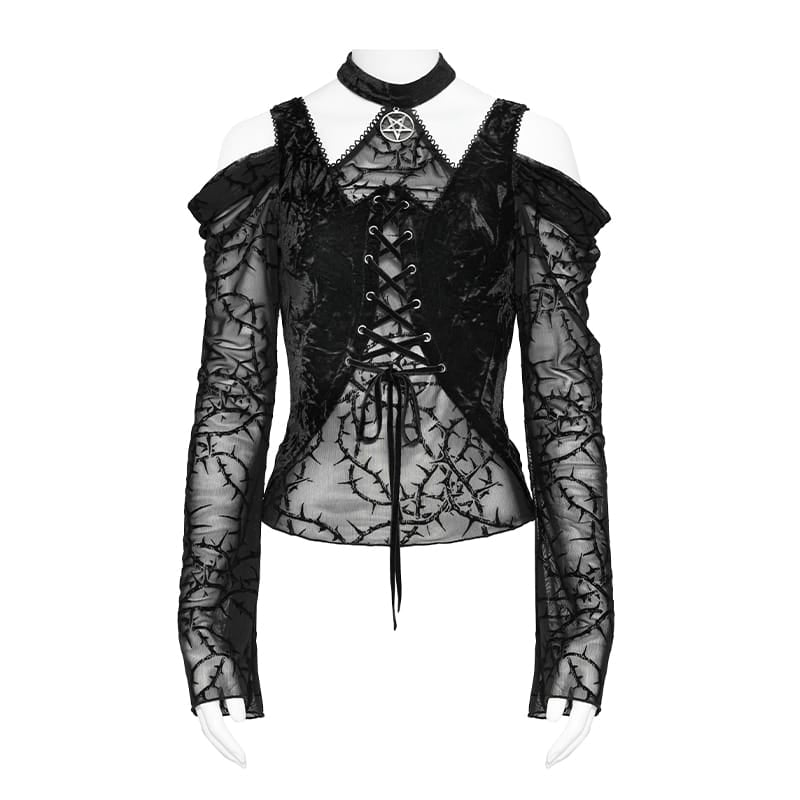 DEVIL FASHION Women's Gothic Lace-up Thorny Vine Off Shoulder Mesh Top