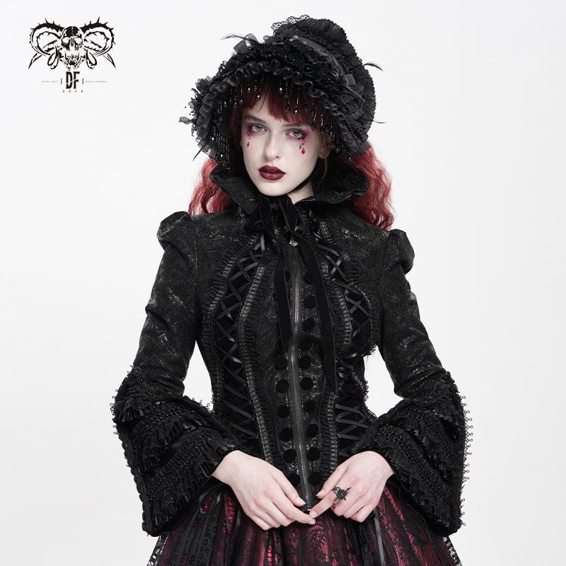 Women's Gothic Lace-up Turn-down Collar Flared Sleeved Jacket