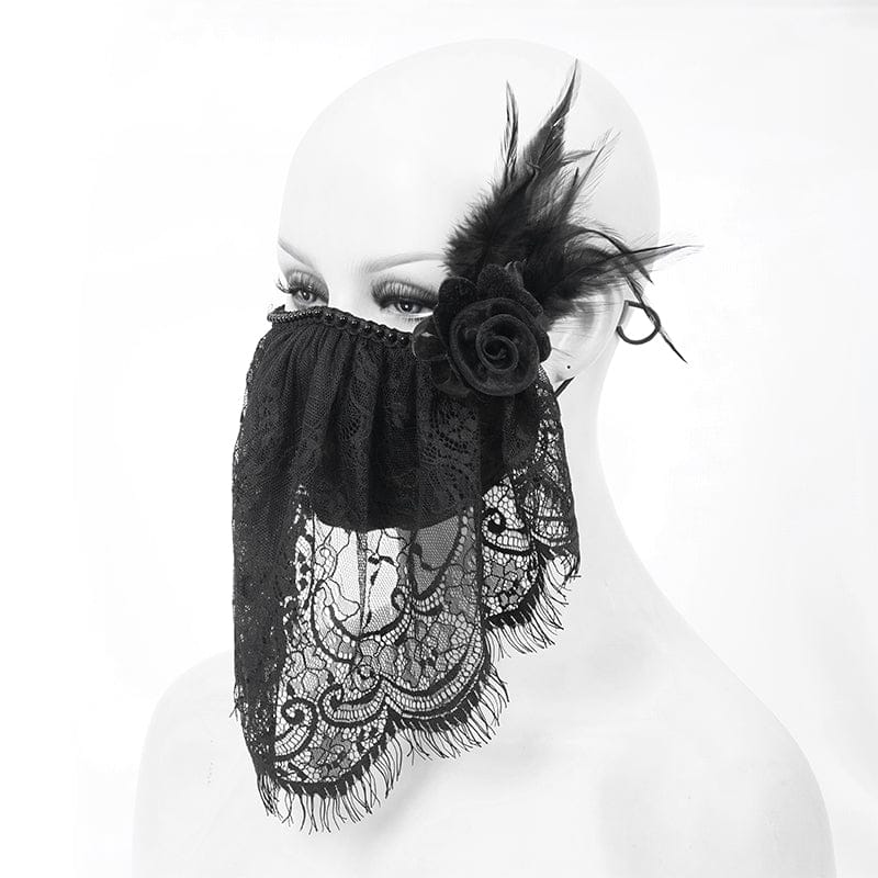 DEVIL FASHION Women's Gothic Lace Veil  with Rose & Feather  Accessory