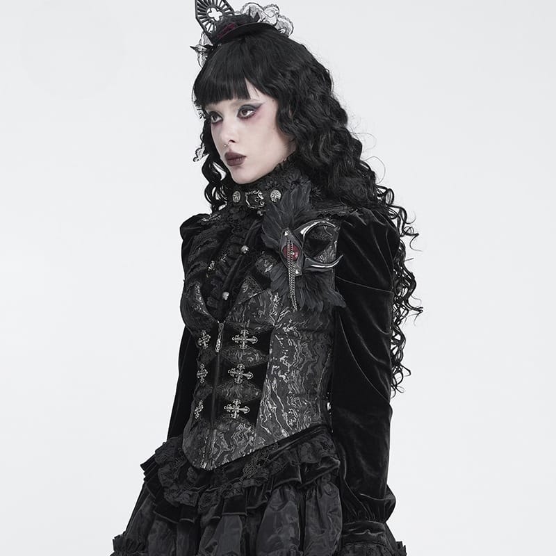 トップス ozz Croce black foodie Goth Gothic Women's Gothic Lapel Cross Zip Front Swallow Tail Vest – Punk Design