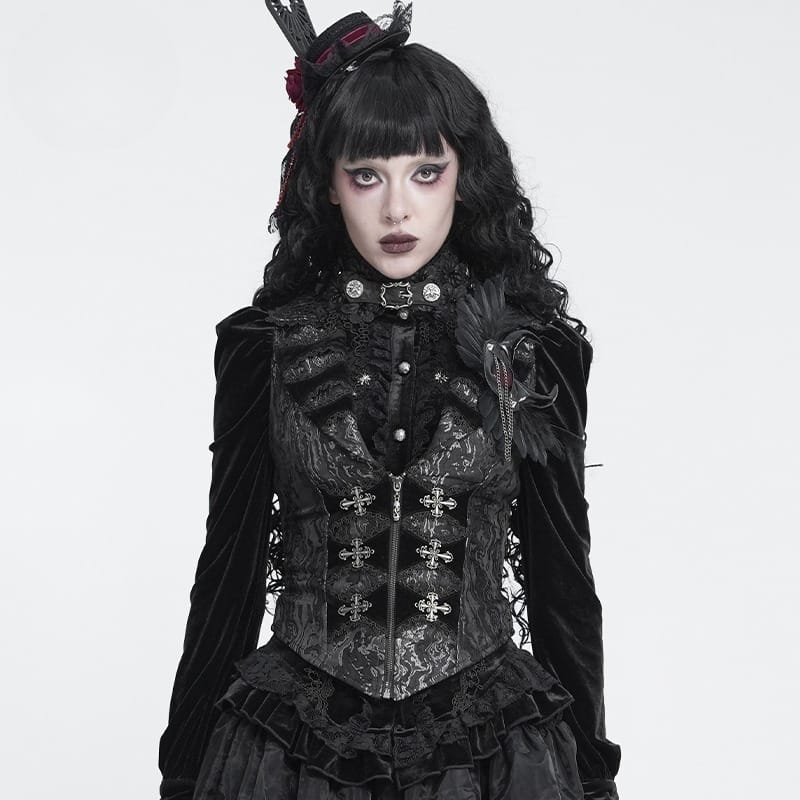 トップス ozz Croce black foodie Goth Gothic Women's Gothic Lapel Cross Zip Front Swallow Tail Vest – Punk Design