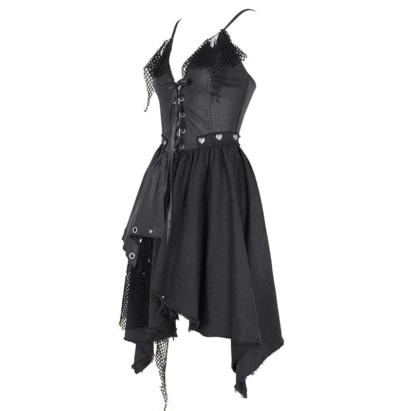 DEVIL FASHION Women's Gothic Mesh Lace-up Irregular Slip Dress