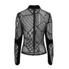 DEVIL FASHION Women's Gothic Mesh Lace-Up Mock Neck Long Sleeve Top