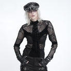 DEVIL FASHION Women's Gothic Mesh Lace-Up Mock Neck Long Sleeve Top