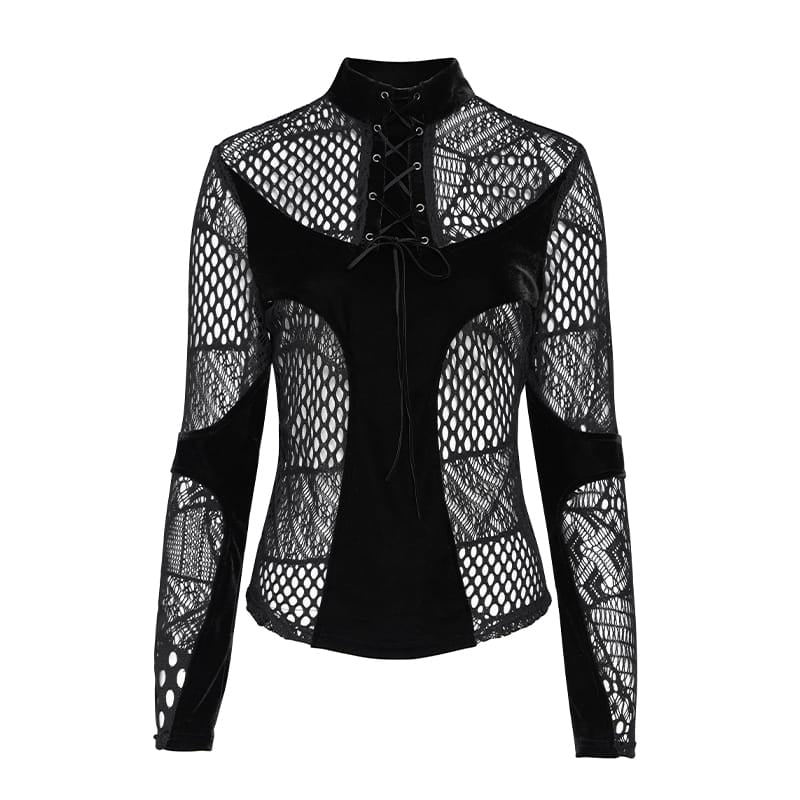 DEVIL FASHION Women's Gothic Mesh Lace-Up Mock Neck Long Sleeve Top