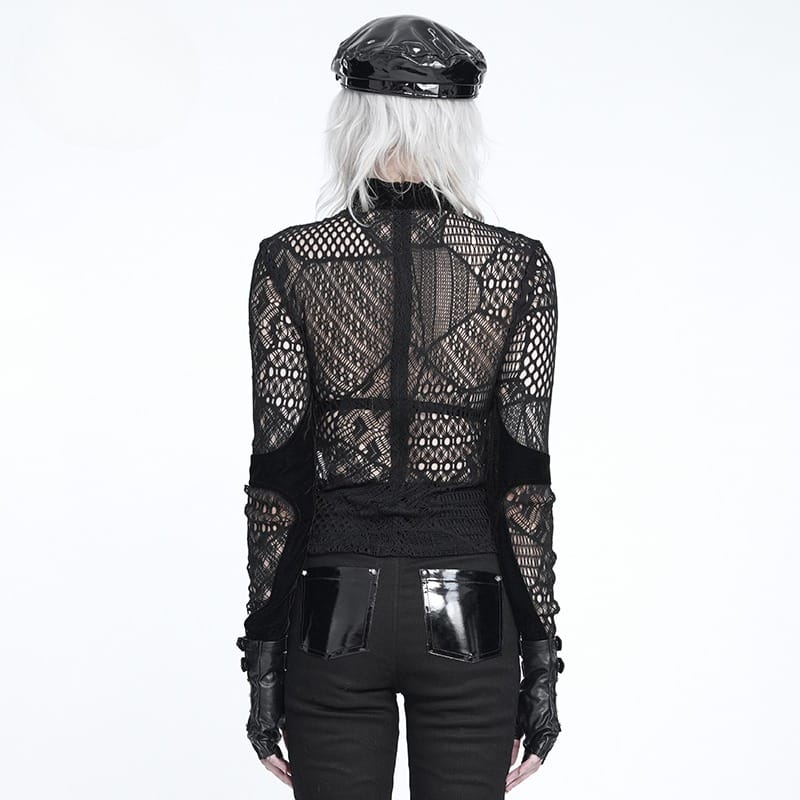 DEVIL FASHION Women's Gothic Mesh Lace-Up Mock Neck Long Sleeve Top