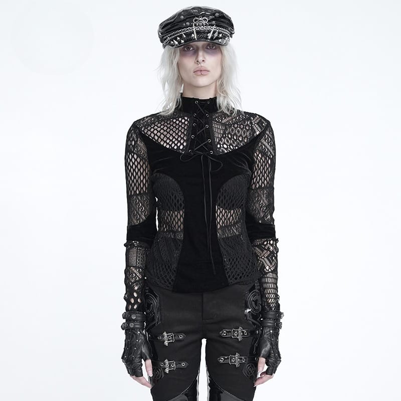 DEVIL FASHION Women's Gothic Mesh Lace-Up Mock Neck Long Sleeve Top