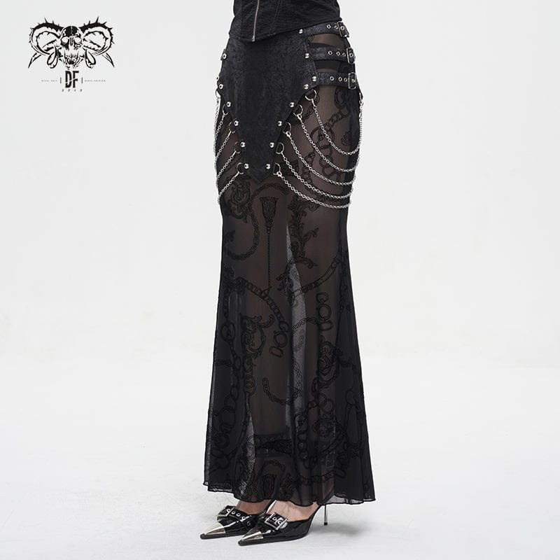 DEVIL FASHION Women's Gothic Mesh Splice Chain Fishtail Skirt