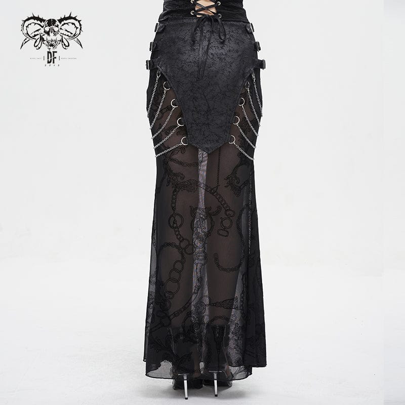 DEVIL FASHION Women's Gothic Mesh Splice Chain Fishtail Skirt