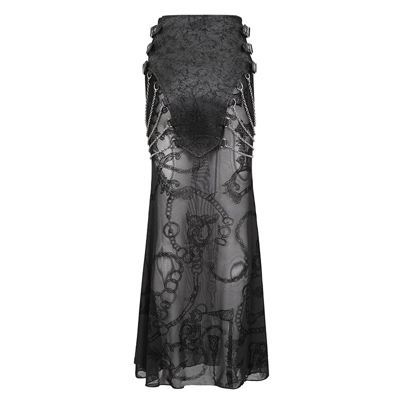 DEVIL FASHION Women's Gothic Mesh Splice Chain Fishtail Skirt