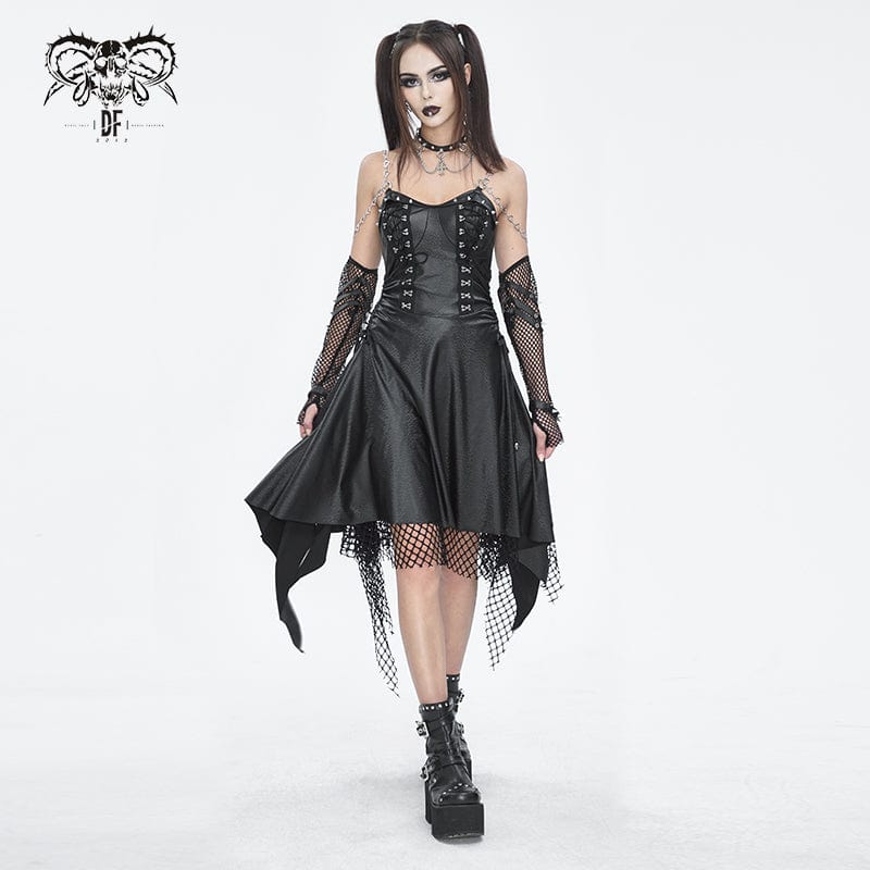 Women's Gothic Mesh Stud Faux Leather Hem Dress – Punk Design