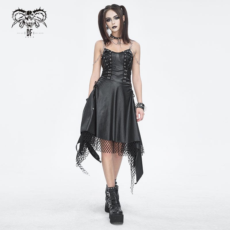 DEVIL FASHION Women's Gothic Mesh Stud Faux Leather Hem Dress