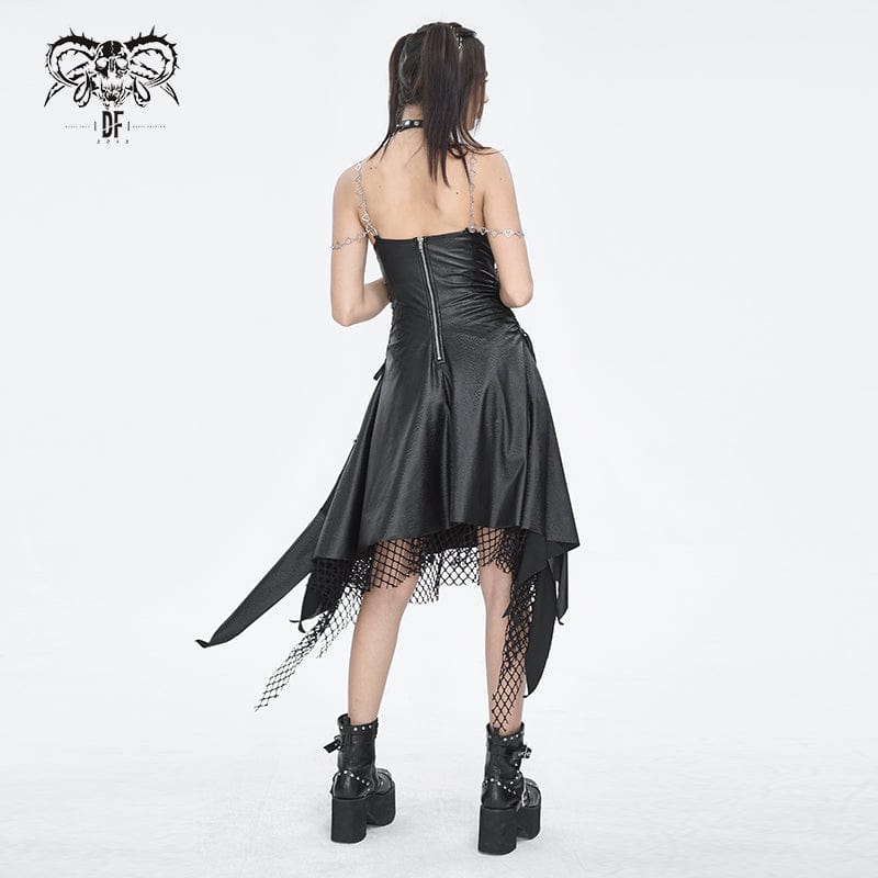 DEVIL FASHION Women's Gothic Mesh Stud Faux Leather Hem Dress
