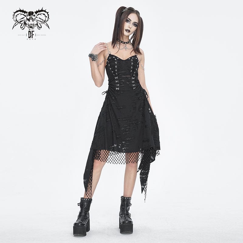 DEVIL FASHION Women's Gothic Mesh Stud Ripped Hem Slip Dress