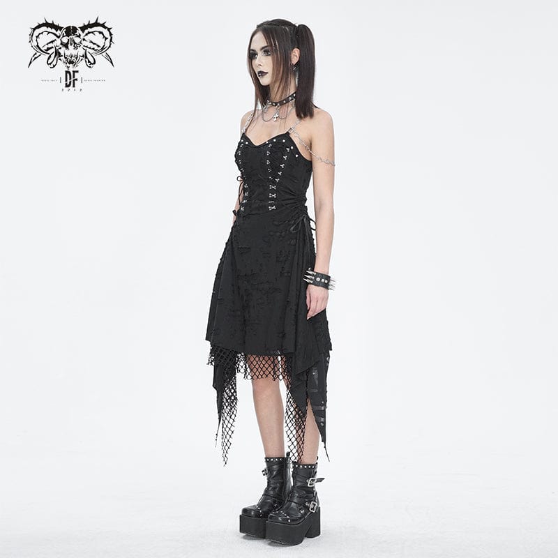 DEVIL FASHION Women's Gothic Mesh Stud Ripped Hem Slip Dress
