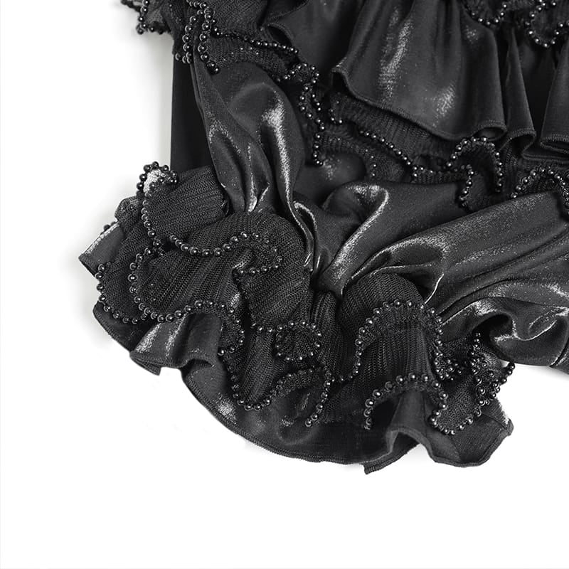 DEVIL FASHION Women's Gothic Multi-Layer Beaded Ruffle Elastic Waist Shorts