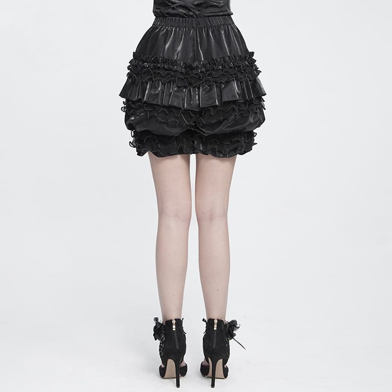 DEVIL FASHION Women's Gothic Multi-Layer Beaded Ruffle Elastic Waist Shorts