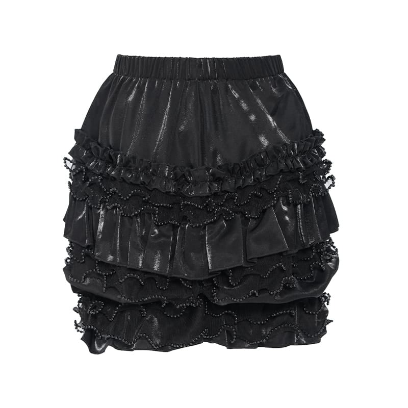DEVIL FASHION Women's Gothic Multi-Layer Beaded Ruffle Elastic Waist Shorts
