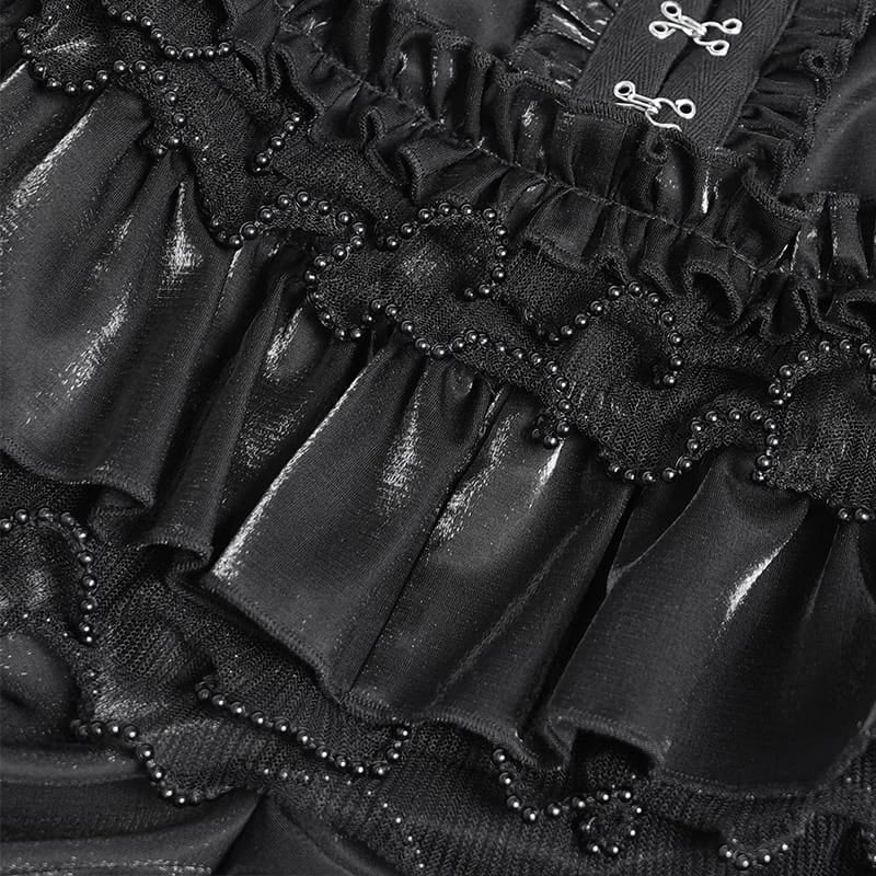 DEVIL FASHION Women's Gothic Multi-Layer Beaded Ruffle Elastic Waist Shorts