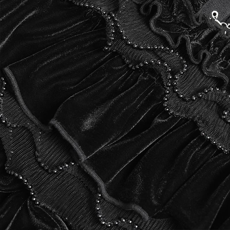 DEVIL FASHION Women's Gothic Multi-Layer Beaded Ruffle Velvet Shorts Black