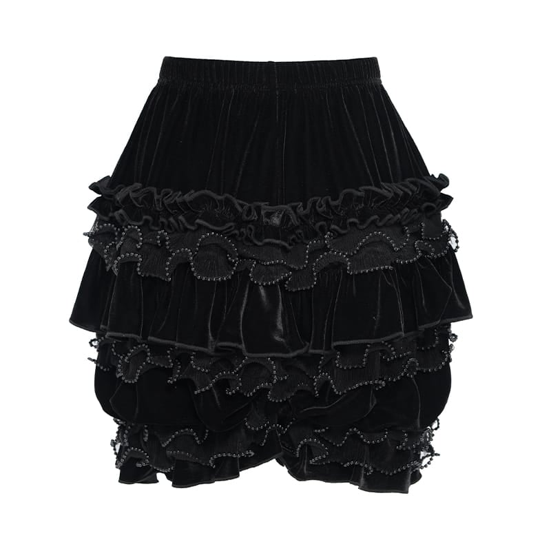 DEVIL FASHION Women's Gothic Multi-Layer Beaded Ruffle Velvet Shorts Black