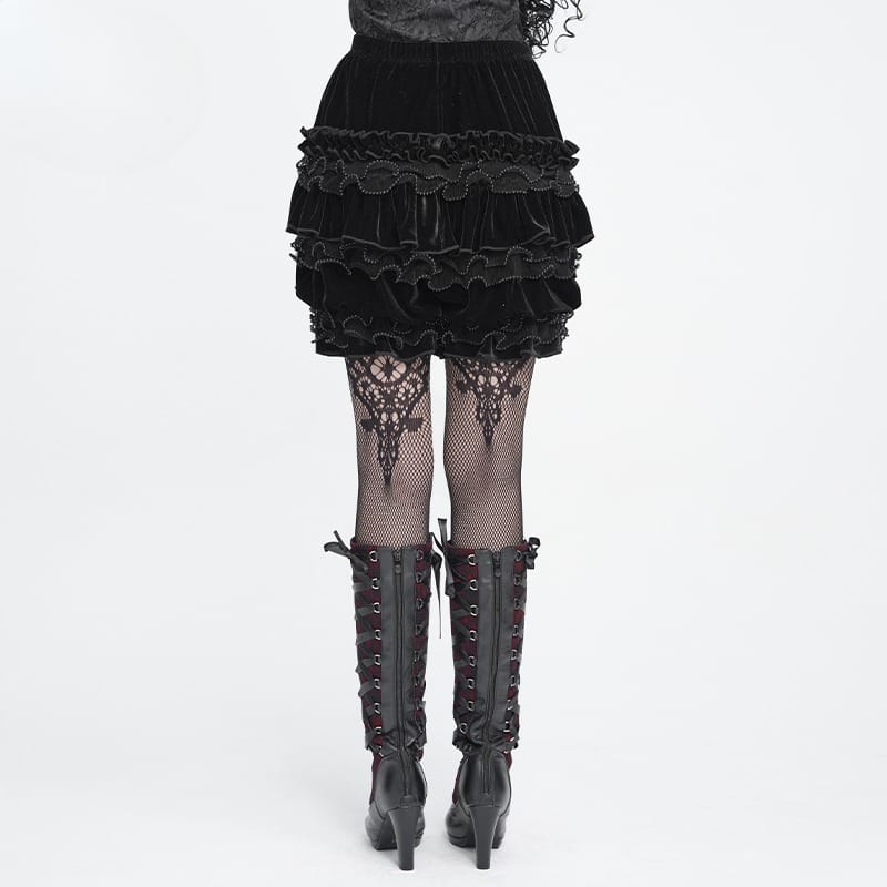 DEVIL FASHION Women's Gothic Multi-Layer Beaded Ruffle Velvet Shorts Black