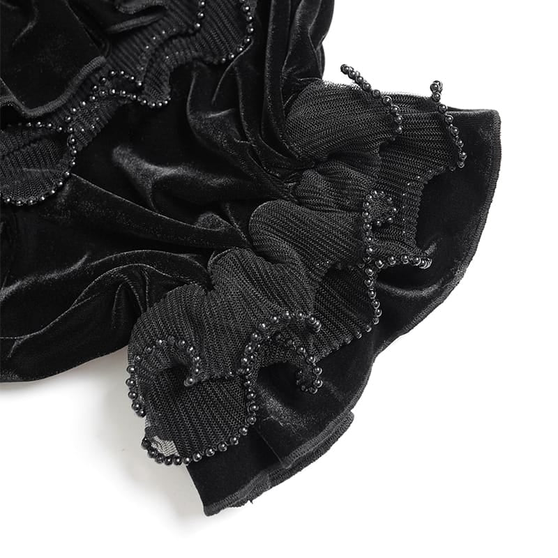 DEVIL FASHION Women's Gothic Multi-Layer Beaded Ruffle Velvet Shorts Black