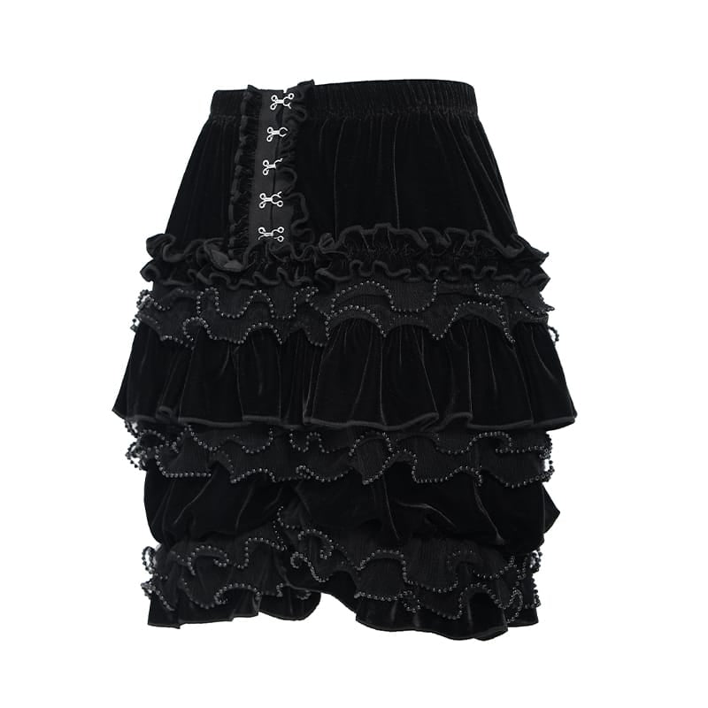 DEVIL FASHION Women's Gothic Multi-Layer Beaded Ruffle Velvet Shorts Black
