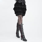 DEVIL FASHION Women's Gothic Multi-Layer Beaded Ruffle Velvet Shorts Black