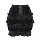 DEVIL FASHION Women's Gothic Multi-Layer Beaded Ruffle Velvet Shorts Black-Red