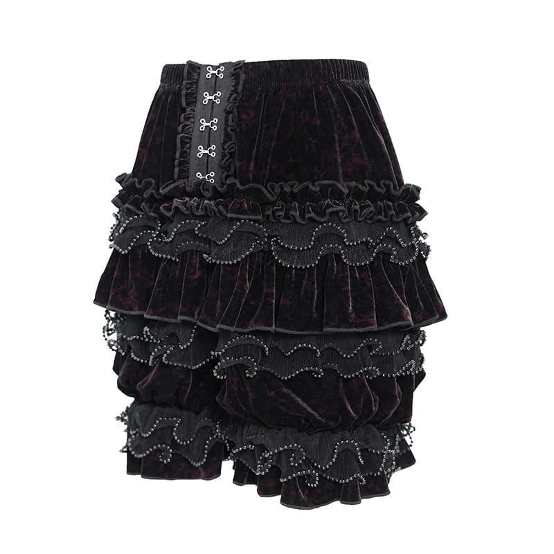 DEVIL FASHION Women's Gothic Multi-Layer Beaded Ruffle Velvet Shorts Black-Red