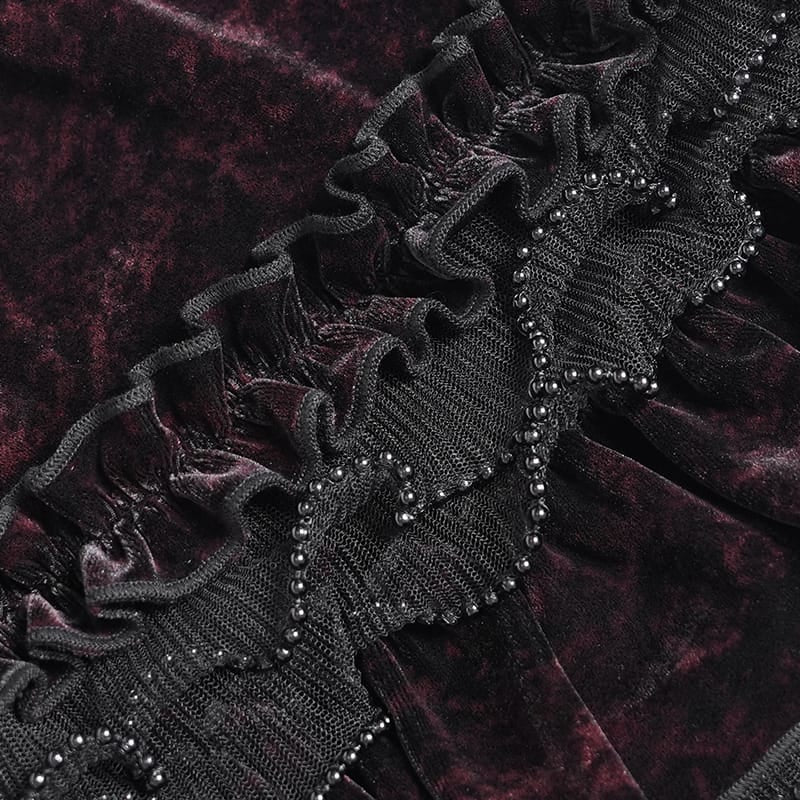 DEVIL FASHION Women's Gothic Multi-Layer Beaded Ruffle Velvet Shorts Black-Red