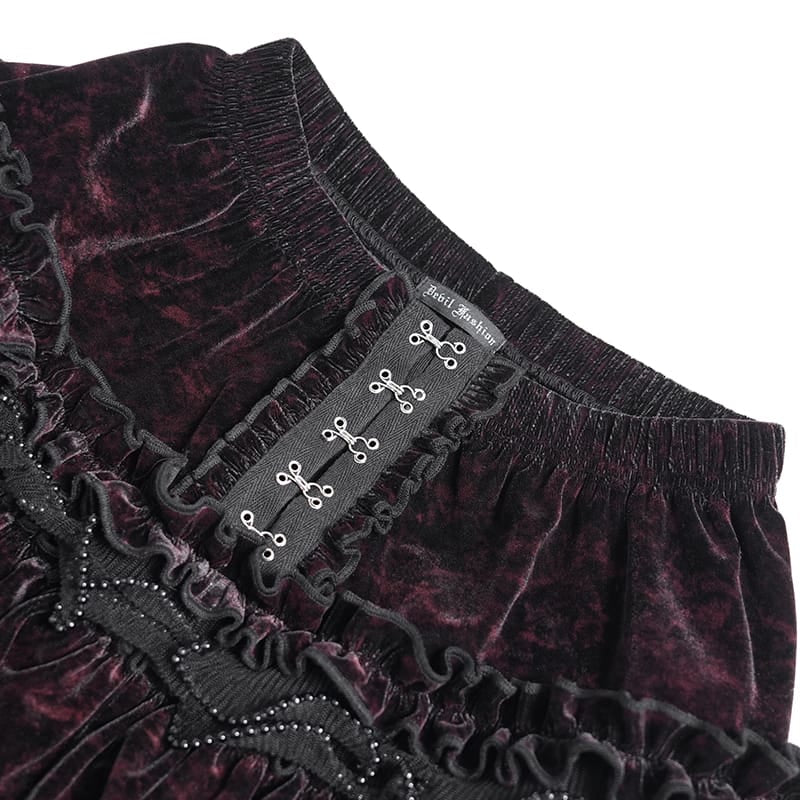 DEVIL FASHION Women's Gothic Multi-Layer Beaded Ruffle Velvet Shorts Black-Red