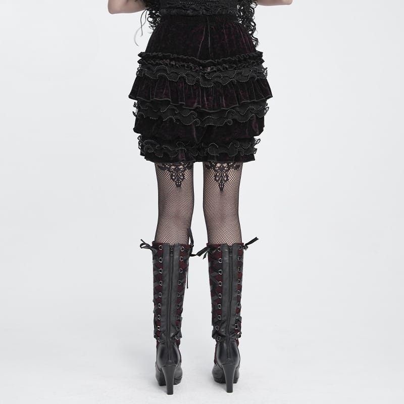 DEVIL FASHION Women's Gothic Multi-Layer Beaded Ruffle Velvet Shorts Black-Red