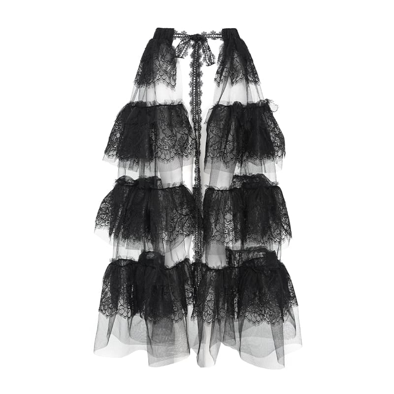 DEVIL FASHION Women's Gothic Multilayer Floral Lace Mesh Maxi Skirt