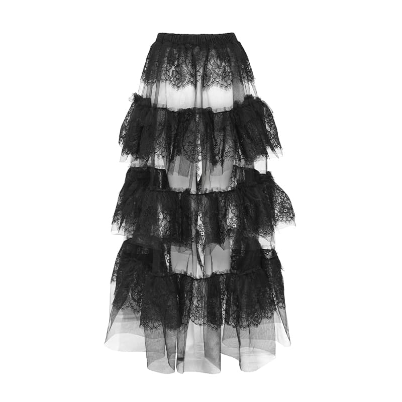 DEVIL FASHION Women's Gothic Multilayer Floral Lace Mesh Maxi Skirt