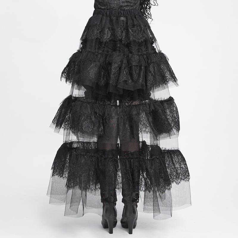 DEVIL FASHION Women's Gothic Multilayer Floral Lace Mesh Maxi Skirt